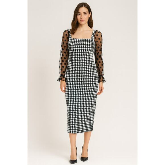 Houndstooth Bodycon Dress with Sheer Polka Dot Sleeves -NWOT - Picture 1 of 15